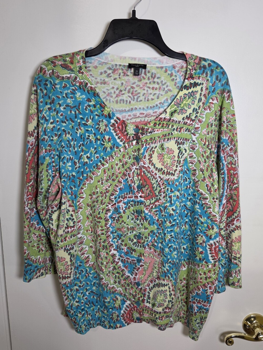 Talbots Boho Paisley Cardigan Sweater Women 2X Green Blue Colorful Cottagecore